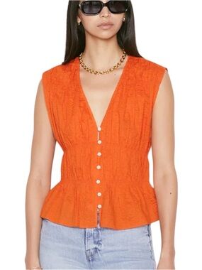 Frame Denim Ruched V Neck Blouse Orange